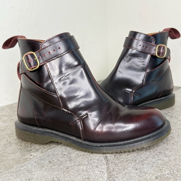Dr Martens Teresa Cherry Red Rub Off Arcadia Buckle Leather Ankle Boots Size 7 - Picture 1 of 7